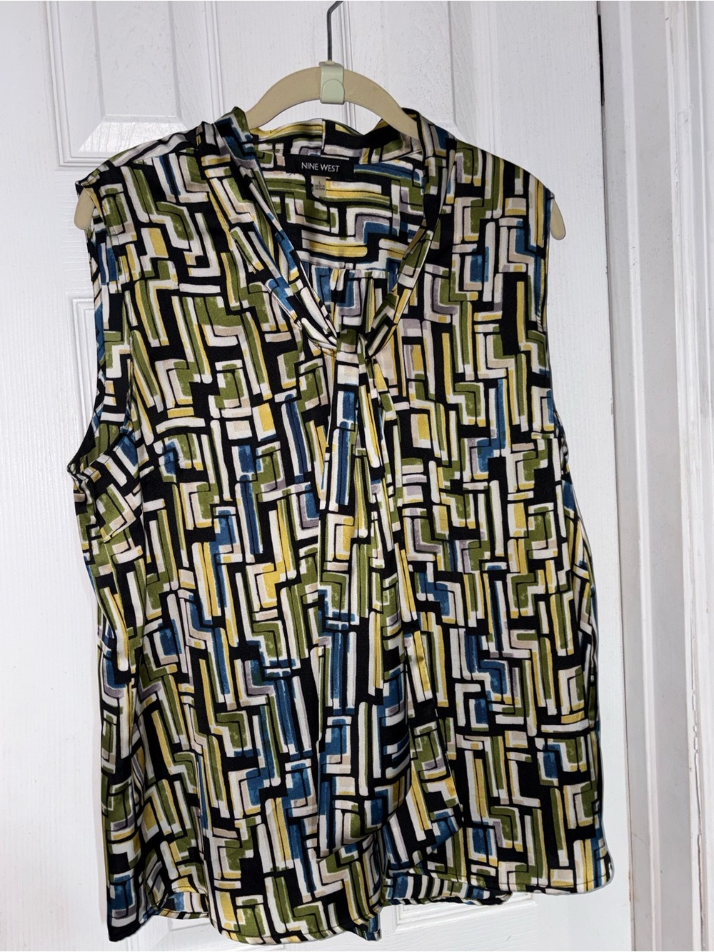 Nine West Black Geometric Print blouse with Blue, Olive & Yellow Accents